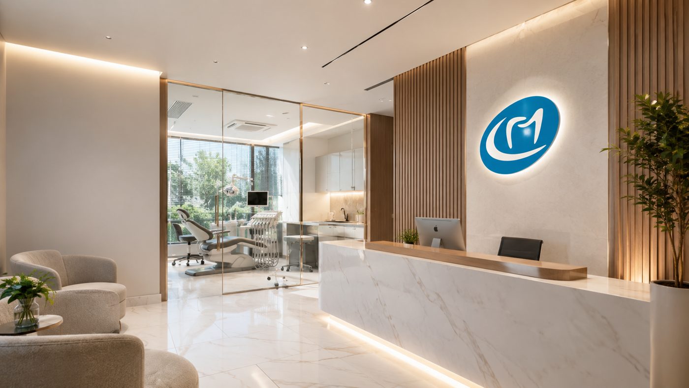 Recepção da Clínica Mendonça: mármore, madeira e o logo iluminado na parede
